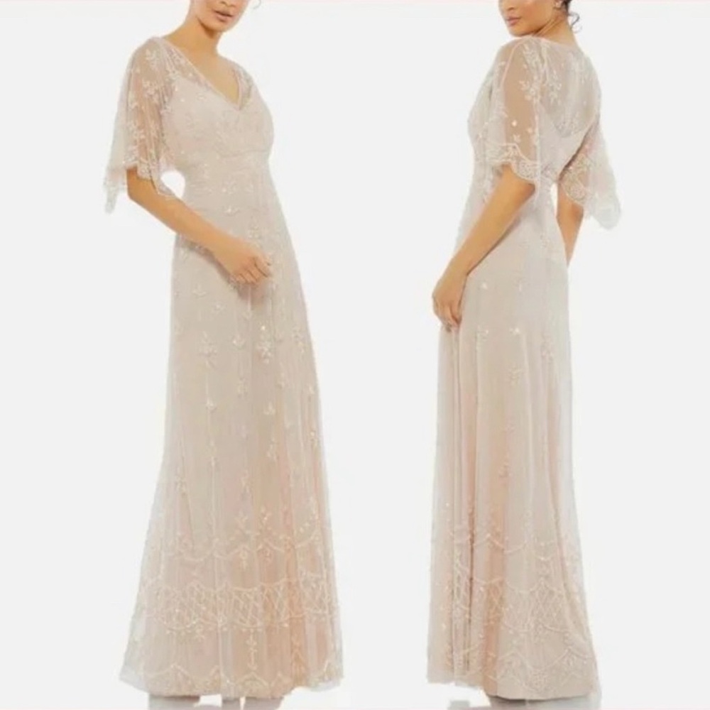 Mac Duggal V NECK FLUTTER SLEEVE EMBELLISHED MESH GOWN Blush NWT